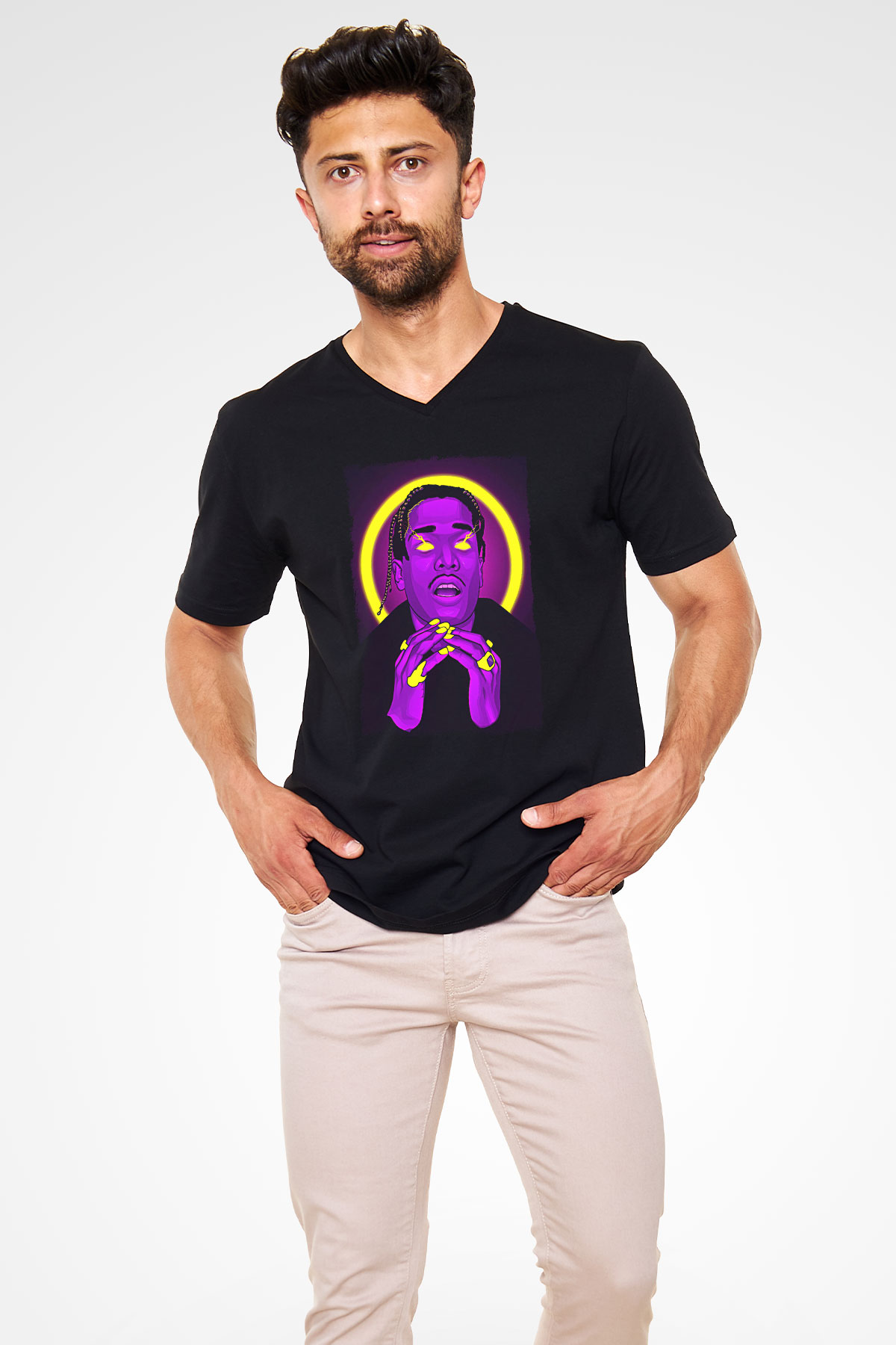 Asap Rocky Baskılı Unisex Siyah V Yaka Tişört - Tshirt