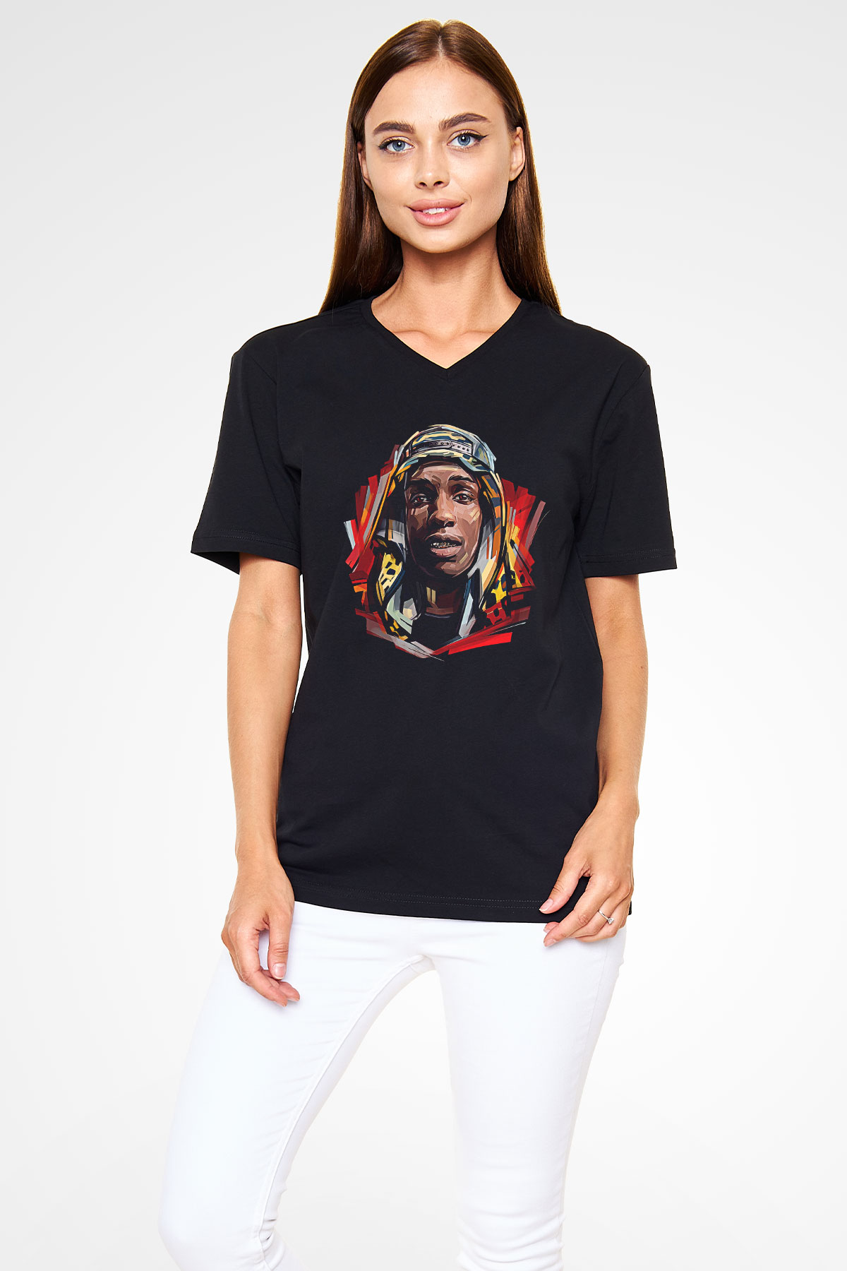Asap Rocky Baskılı Unisex Siyah V Yaka Tişört - Tshirt