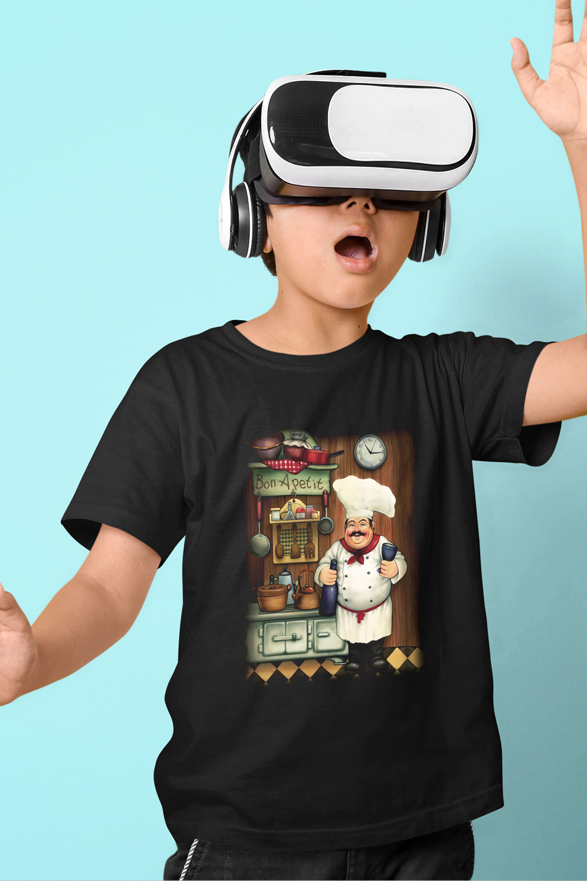 Aşçı Baskılı Siyah Unisex Çocuk Tişört