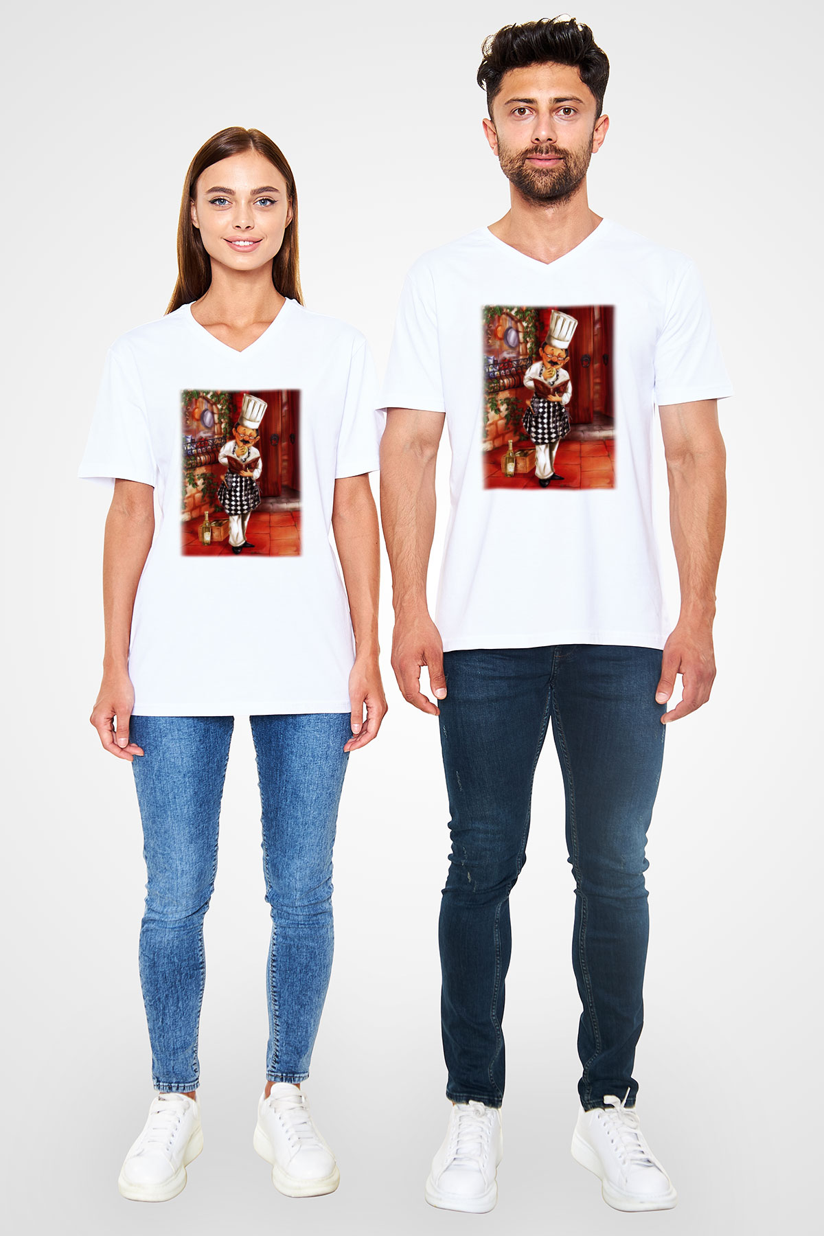 Aşçı Beyaz Unisex V Yaka Tişört T-Shirt