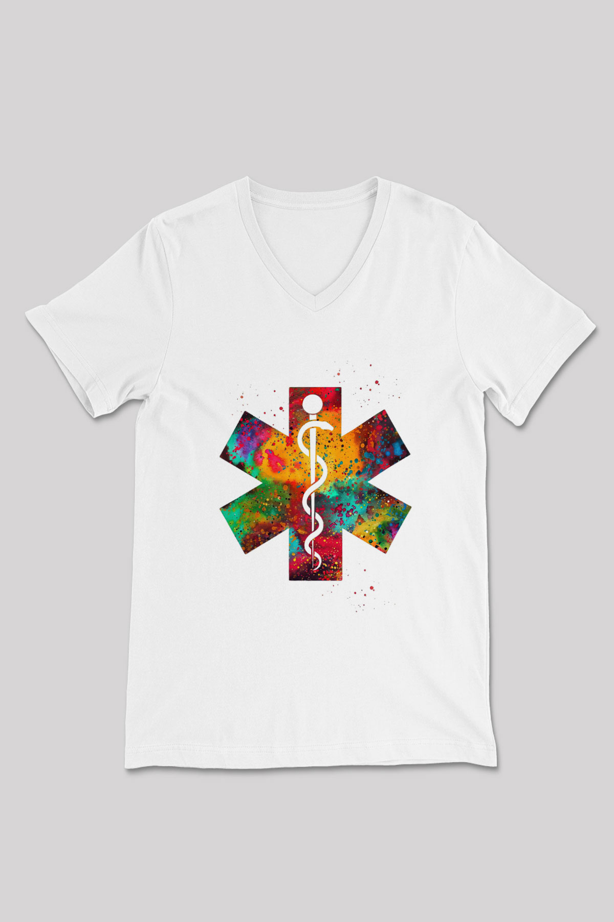 Asclepius Baskılı Unisex V Yaka Beyaz Tişört - Tshirt
