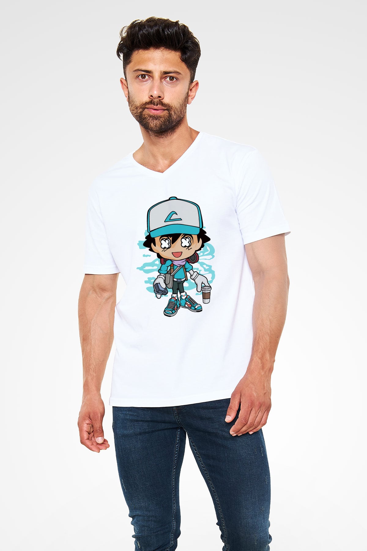 Ash Street Style Baskılı Unisex Beyaz V Yaka Tişört