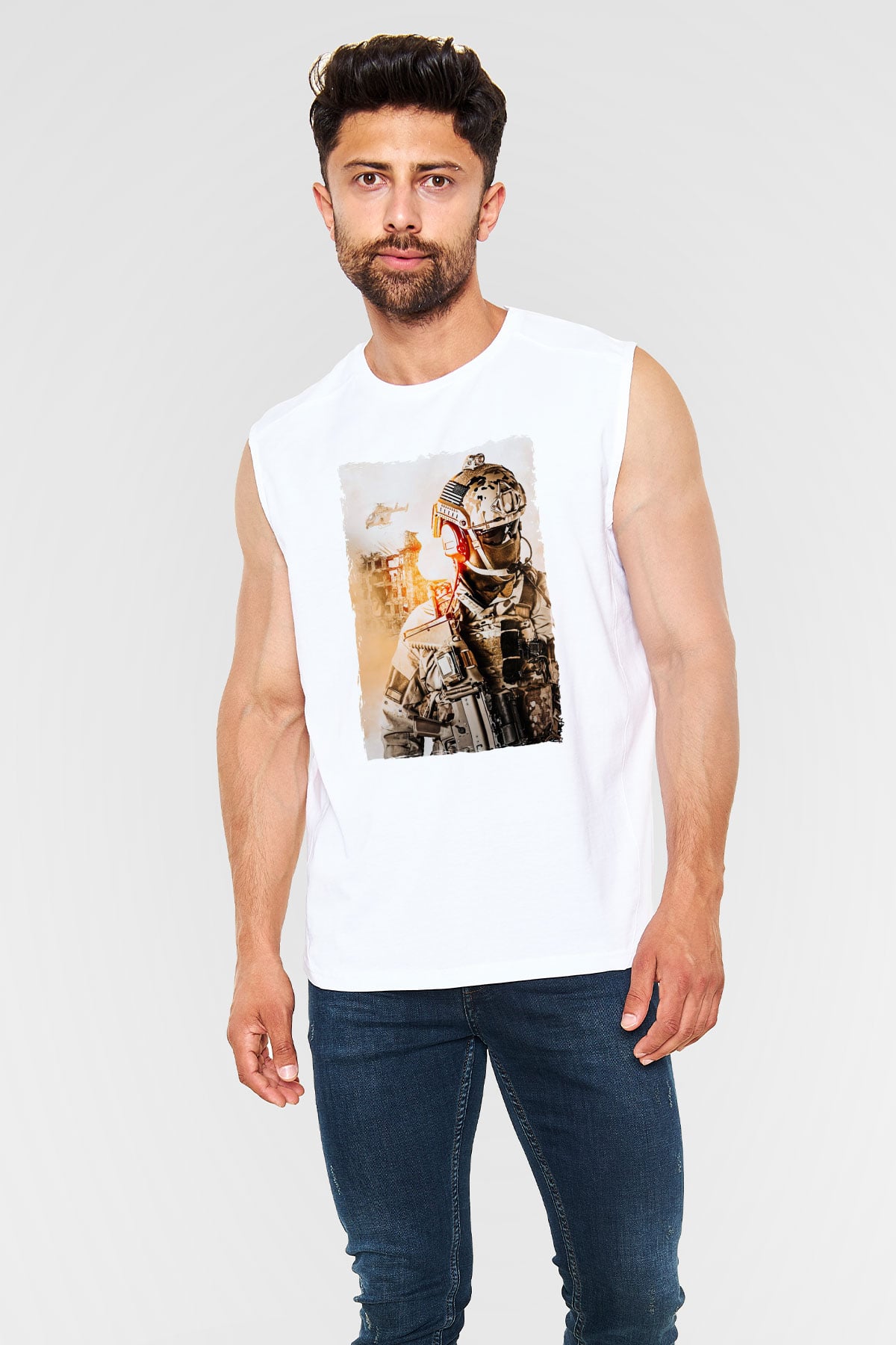 Asker Beyaz Unisex Kolsuz Tişört
