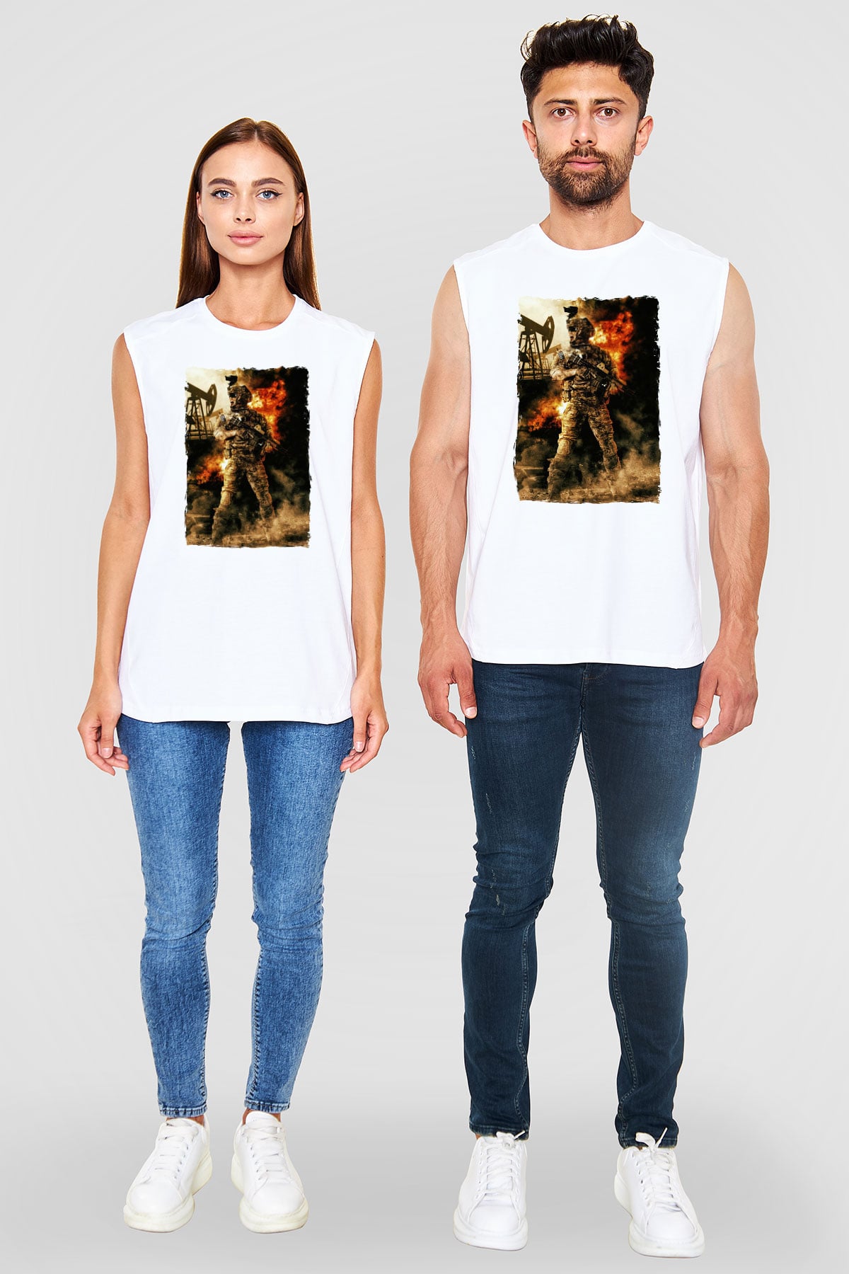 Asker Beyaz Unisex Kolsuz Tişört