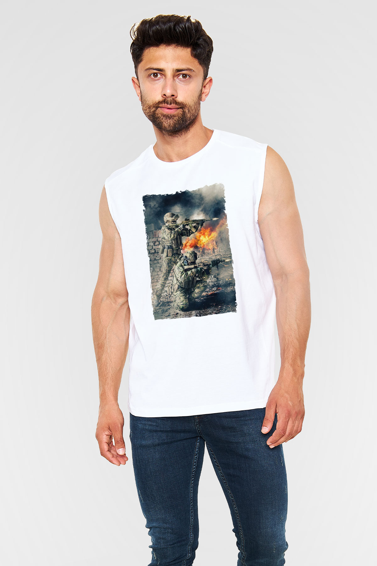 Asker Beyaz Unisex Kolsuz Tişört