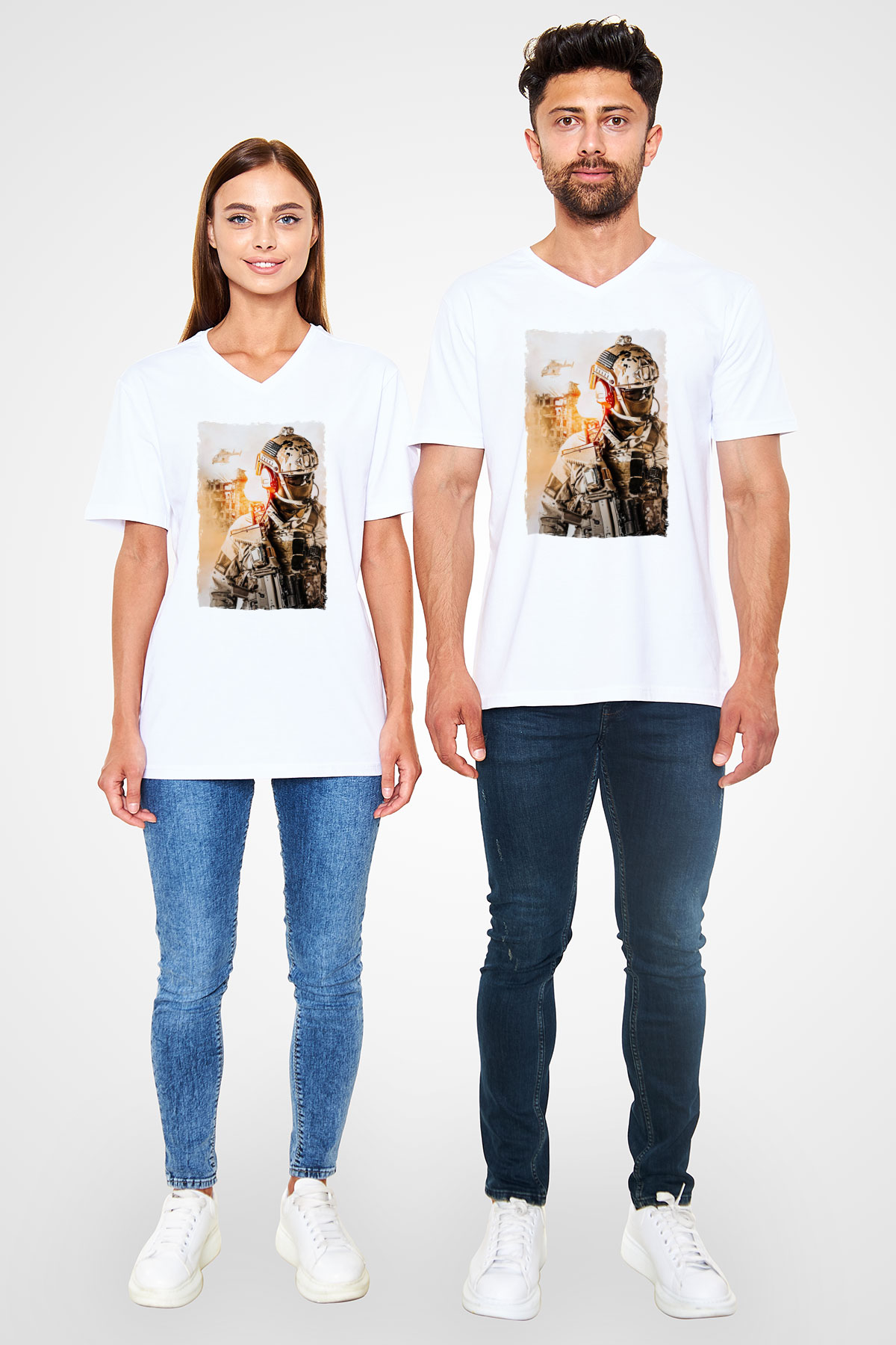 Asker Beyaz Unisex V Yaka Tişört