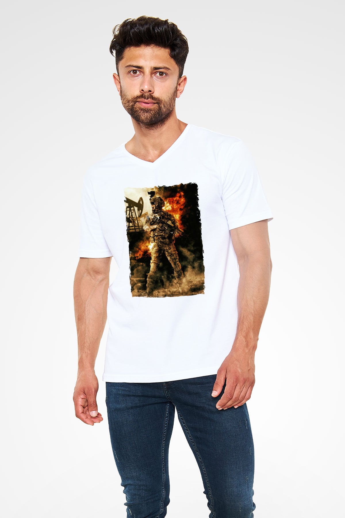Asker Beyaz Unisex V Yaka Tişört