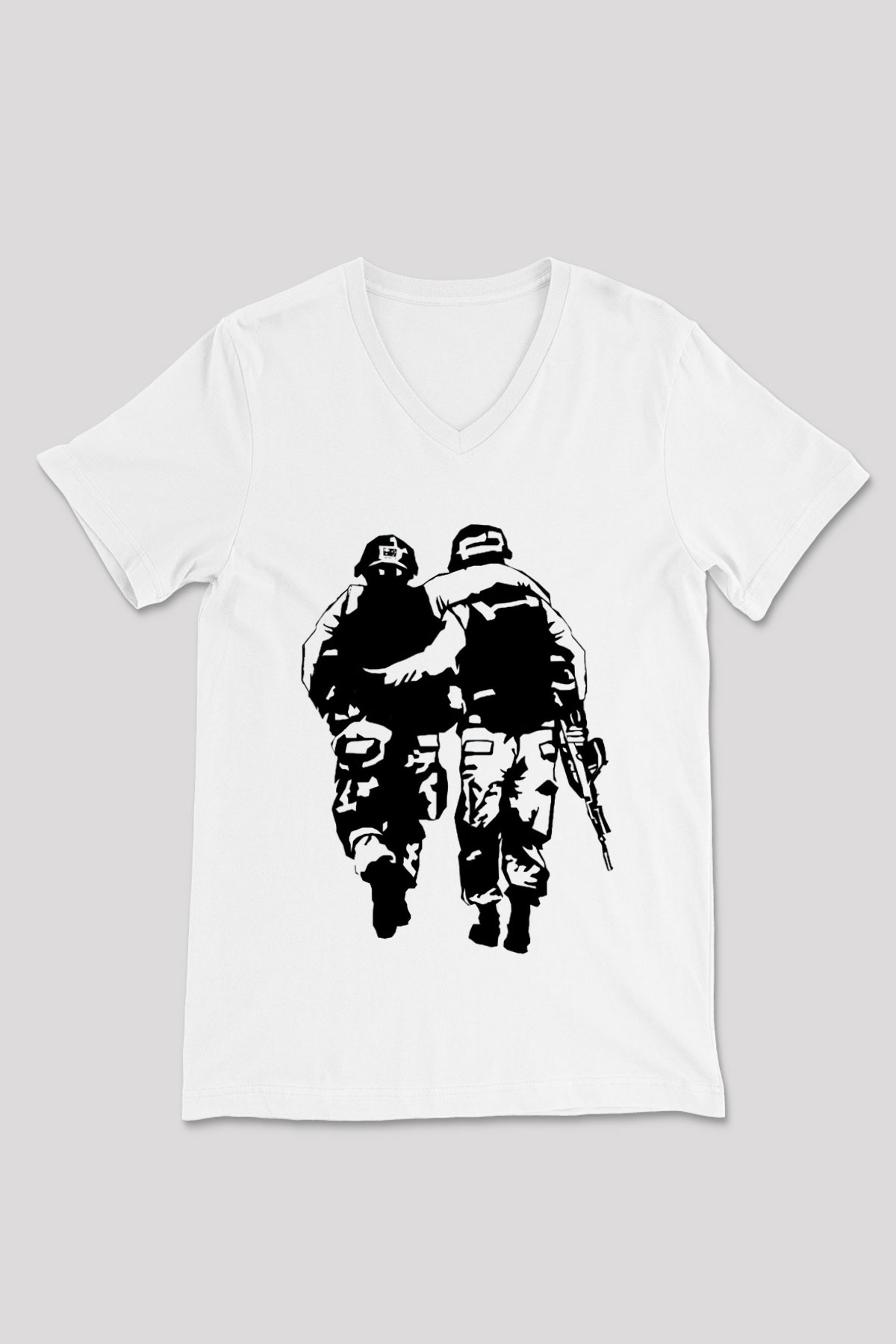 Asker Beyaz Unisex V Yaka Tişört T-Shirt