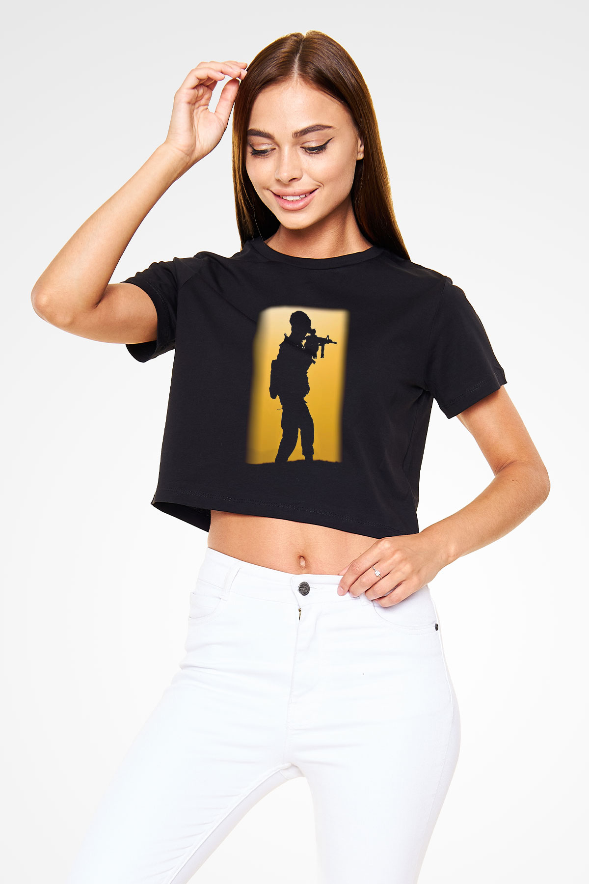 Asker Siyah Crop Top Tişört