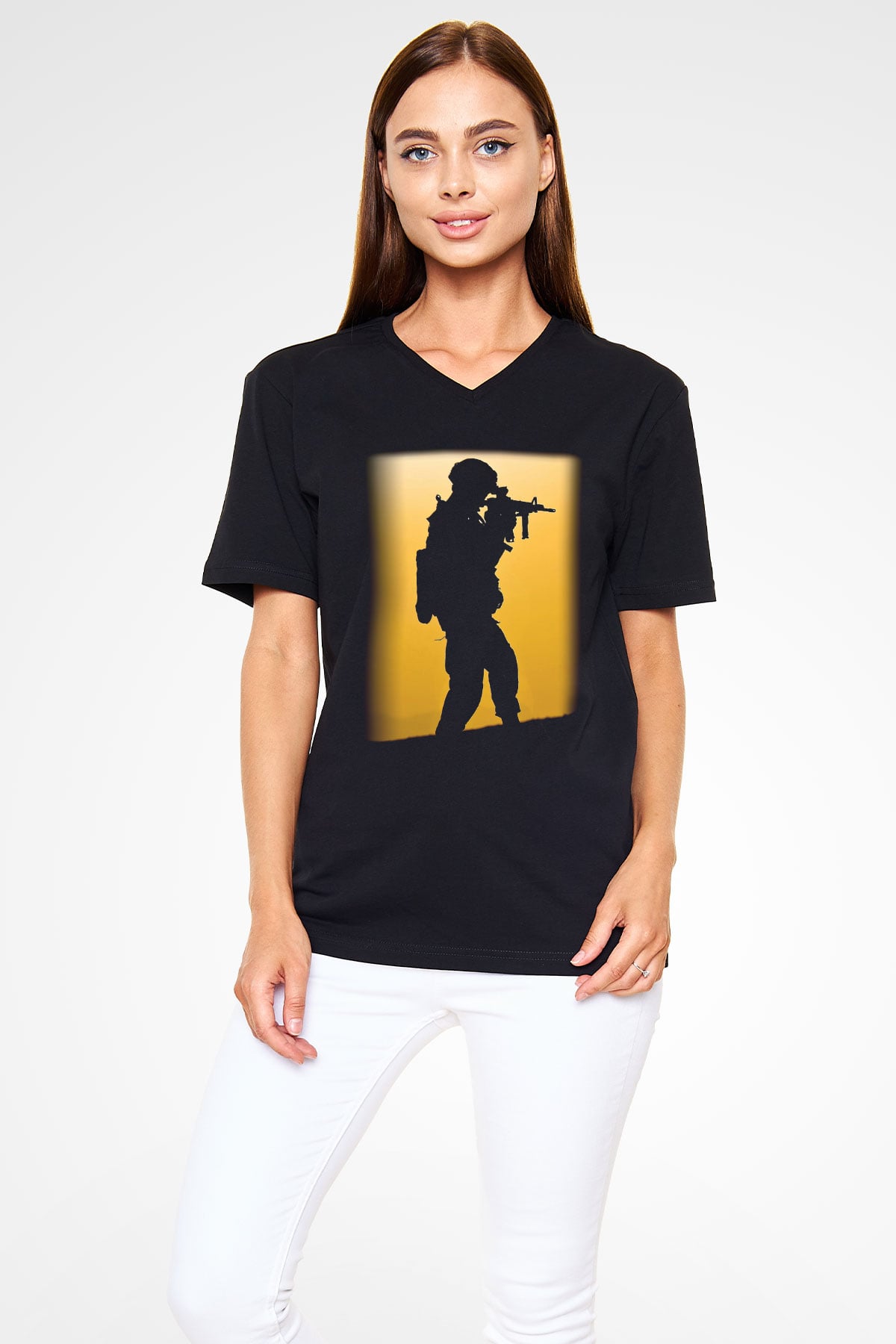 Asker Siyah Unisex V Yaka Tişört T-Shirt