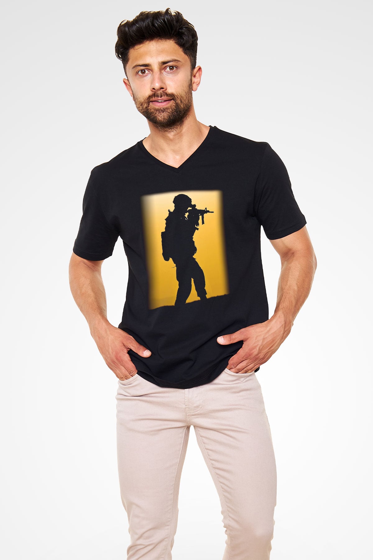Asker Siyah Unisex V Yaka Tişört T-Shirt