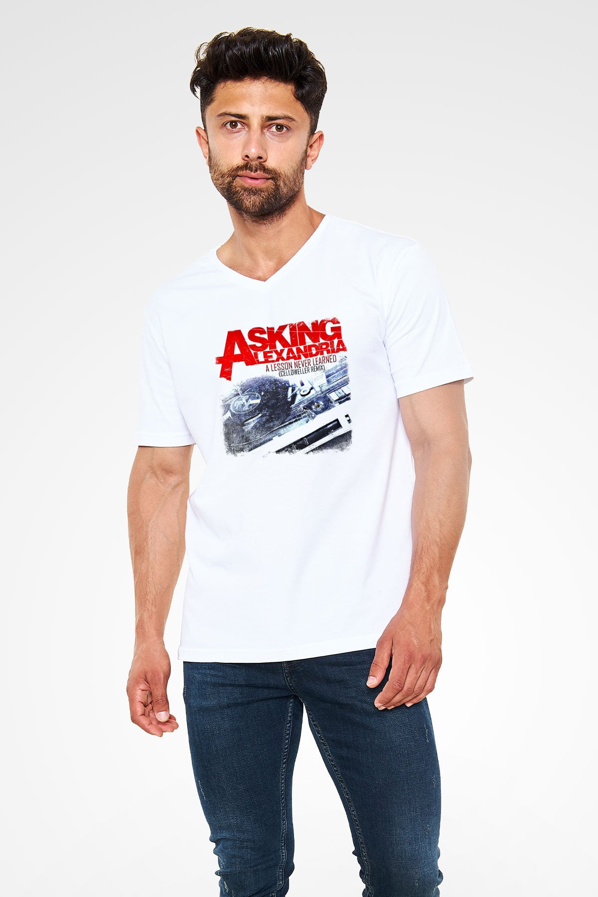 Asking Alexandria Baskılı Unisex Beyaz V Yaka Tişört