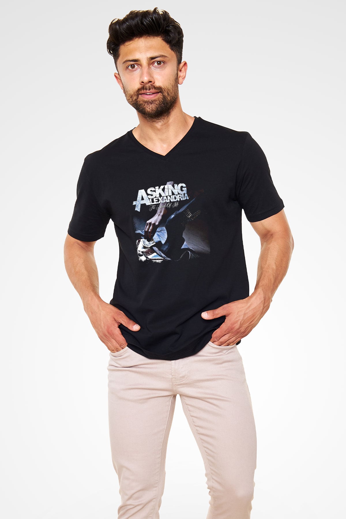Asking Alexandria Baskılı Unisex Siyah V Yaka Tişört