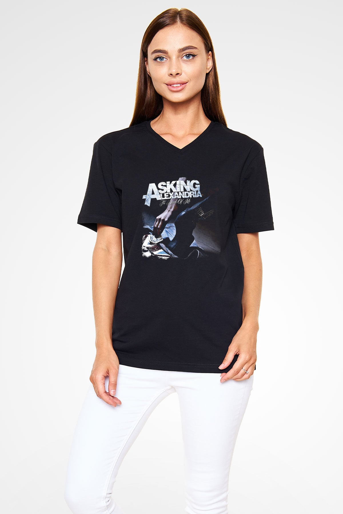 Asking Alexandria Baskılı Unisex Siyah V Yaka Tişört