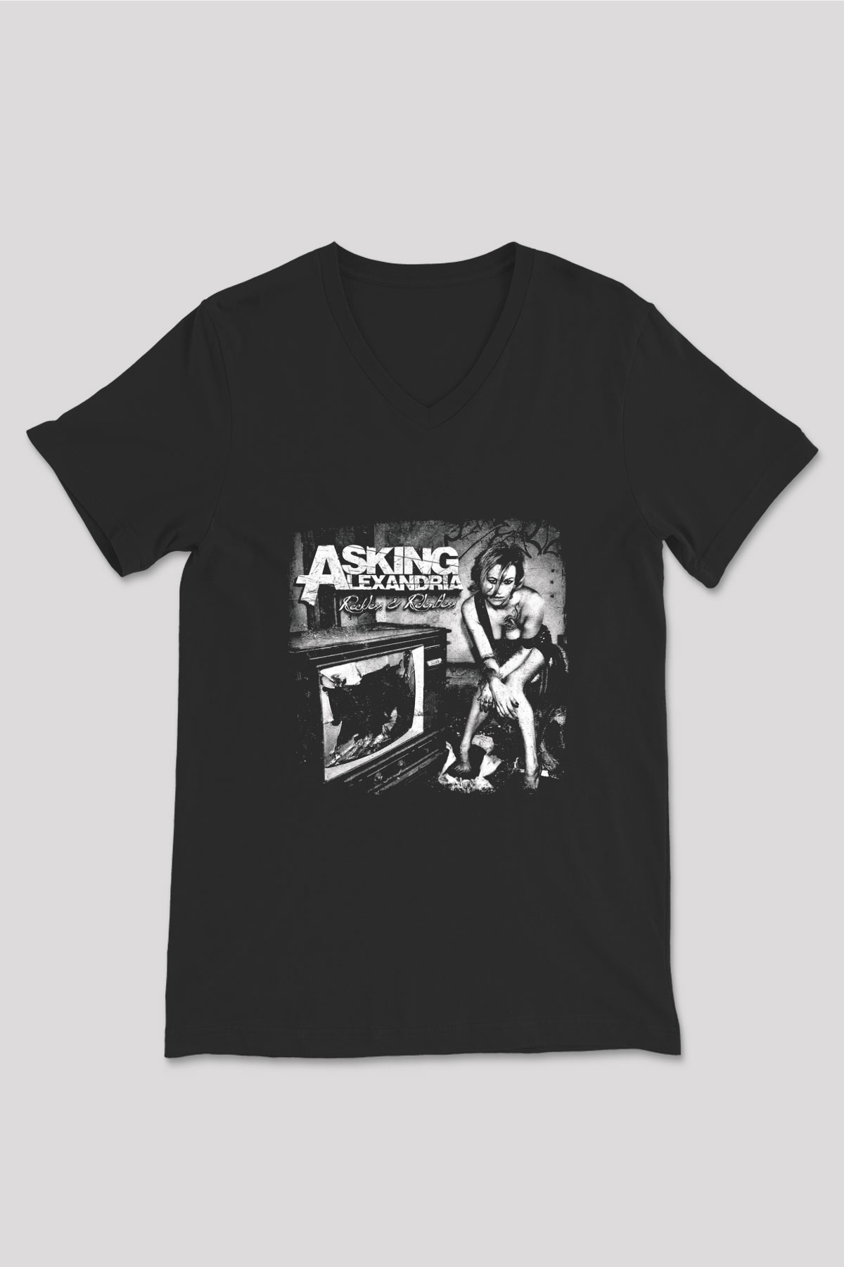 Asking Alexandria Baskılı Unisex Siyah V Yaka Tişört