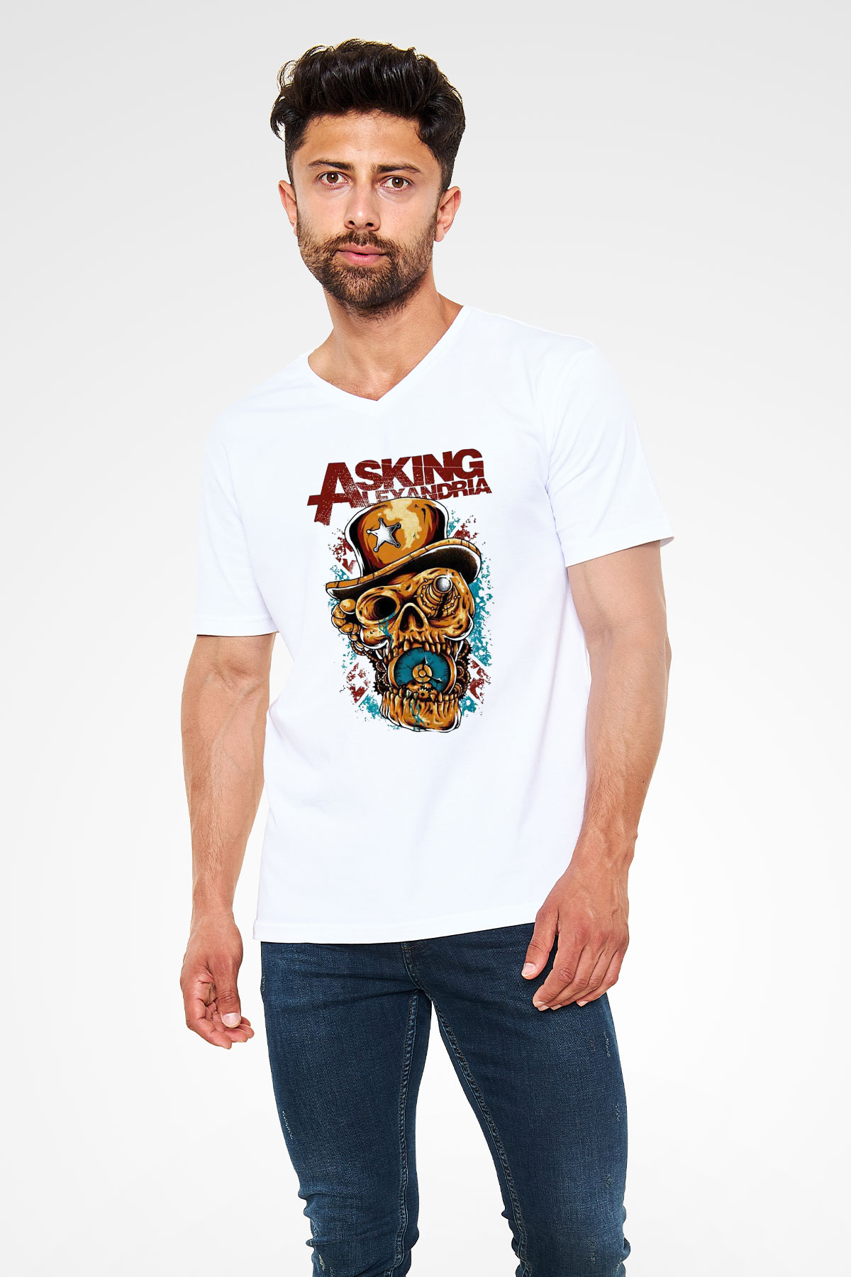 Asking Alexandria Beyaz Unisex V Yaka Tişört