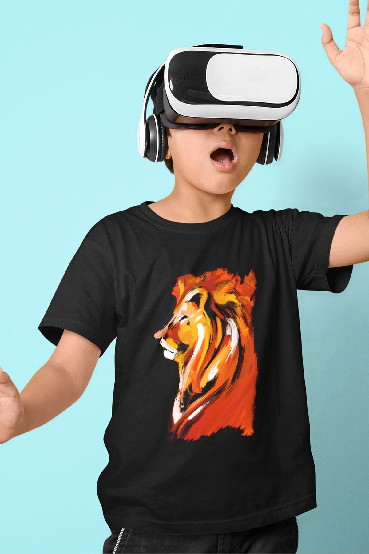 Aslan Baskılı Siyah Unisex Çocuk Tişört