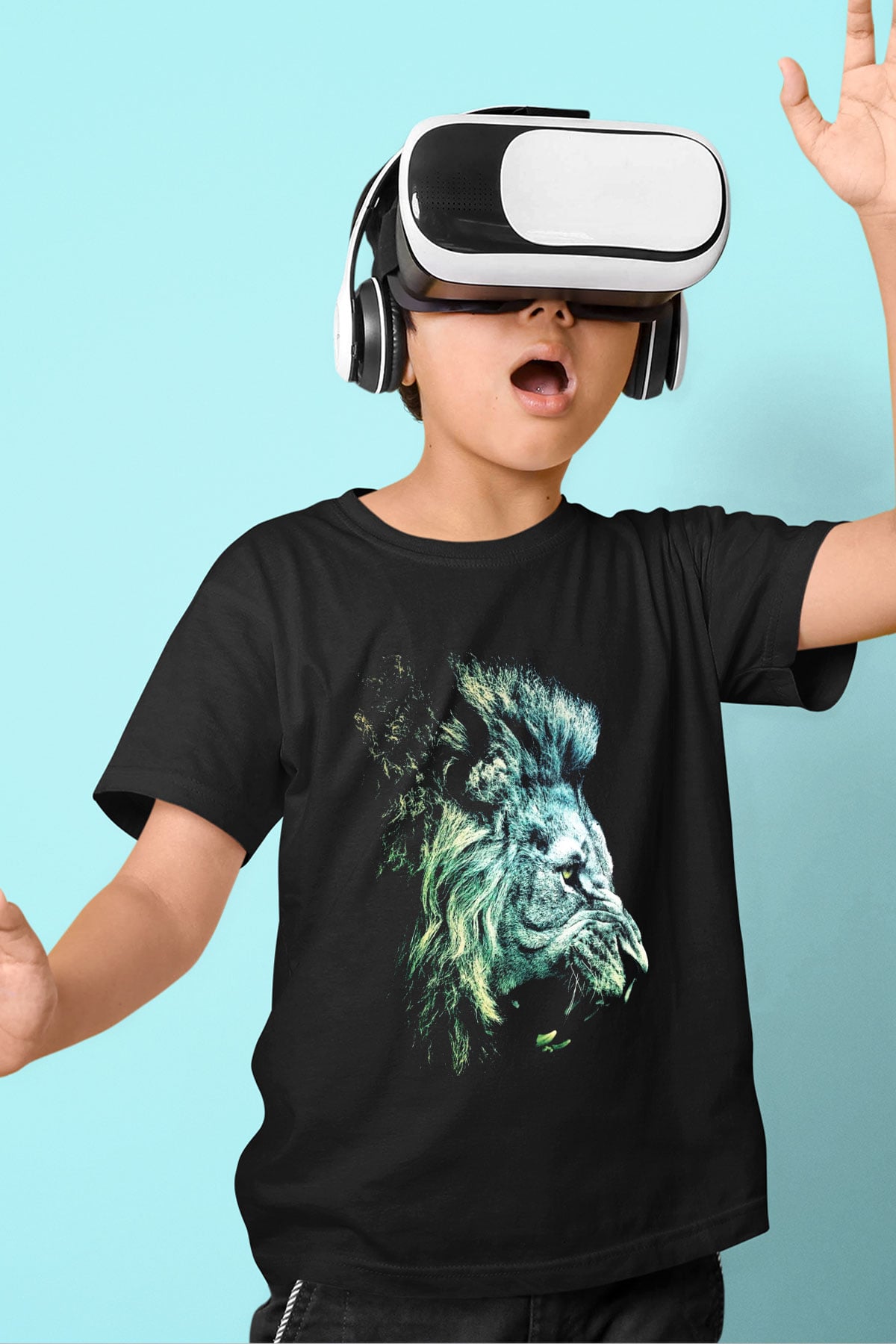 Aslan Baskılı Siyah Unisex Çocuk Tişört