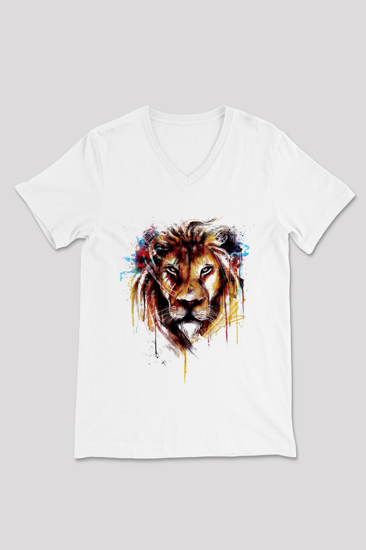 Aslan Baskılı Unisex Beyaz  V Yaka Tişört