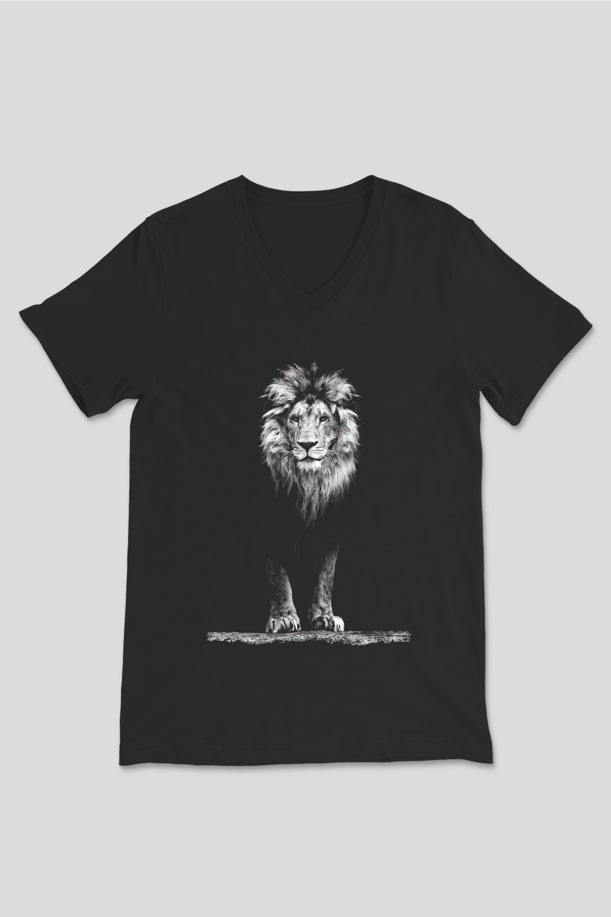 Aslan Baskılı Unisex Siyah  V Yaka Tişört