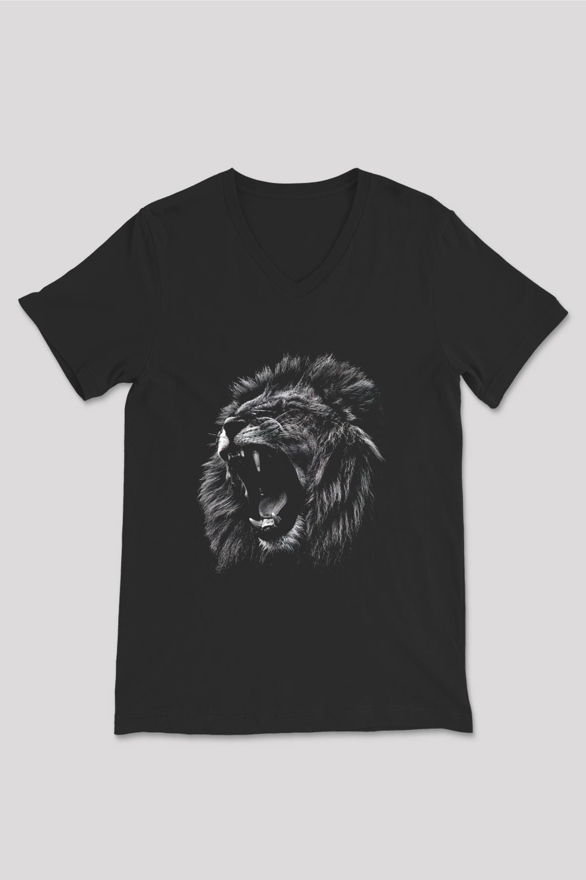 Aslan Baskılı Unisex Siyah  V Yaka Tişört