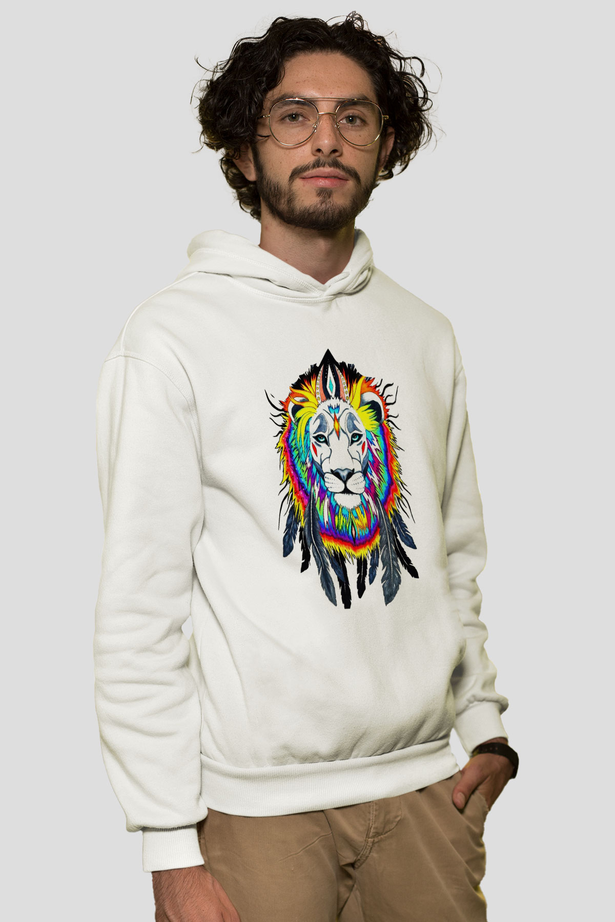 Aslan Beyaz Unisex Kapşonlu Sweatshirt