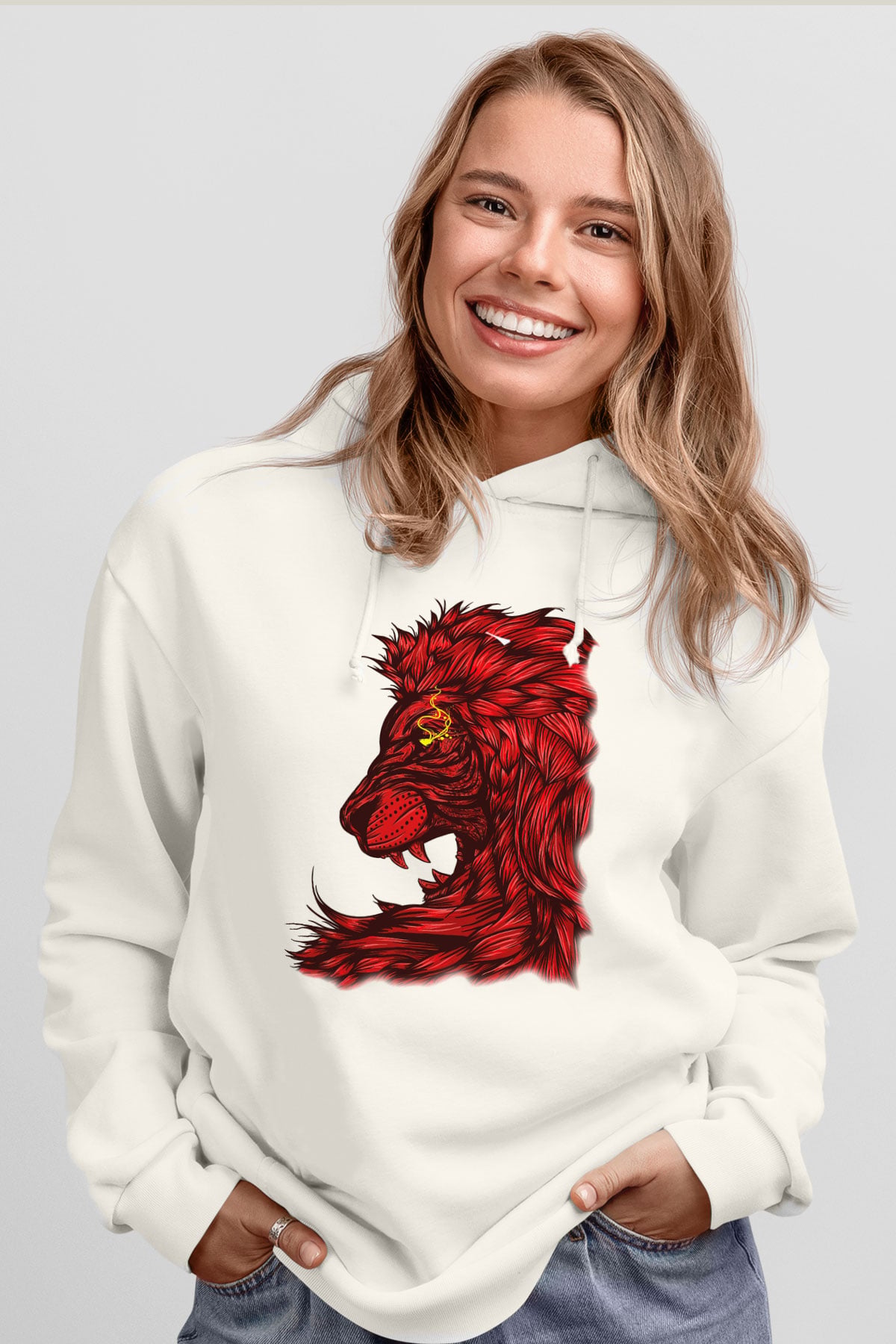 Aslan Beyaz Unisex Kapşonlu Sweatshirt