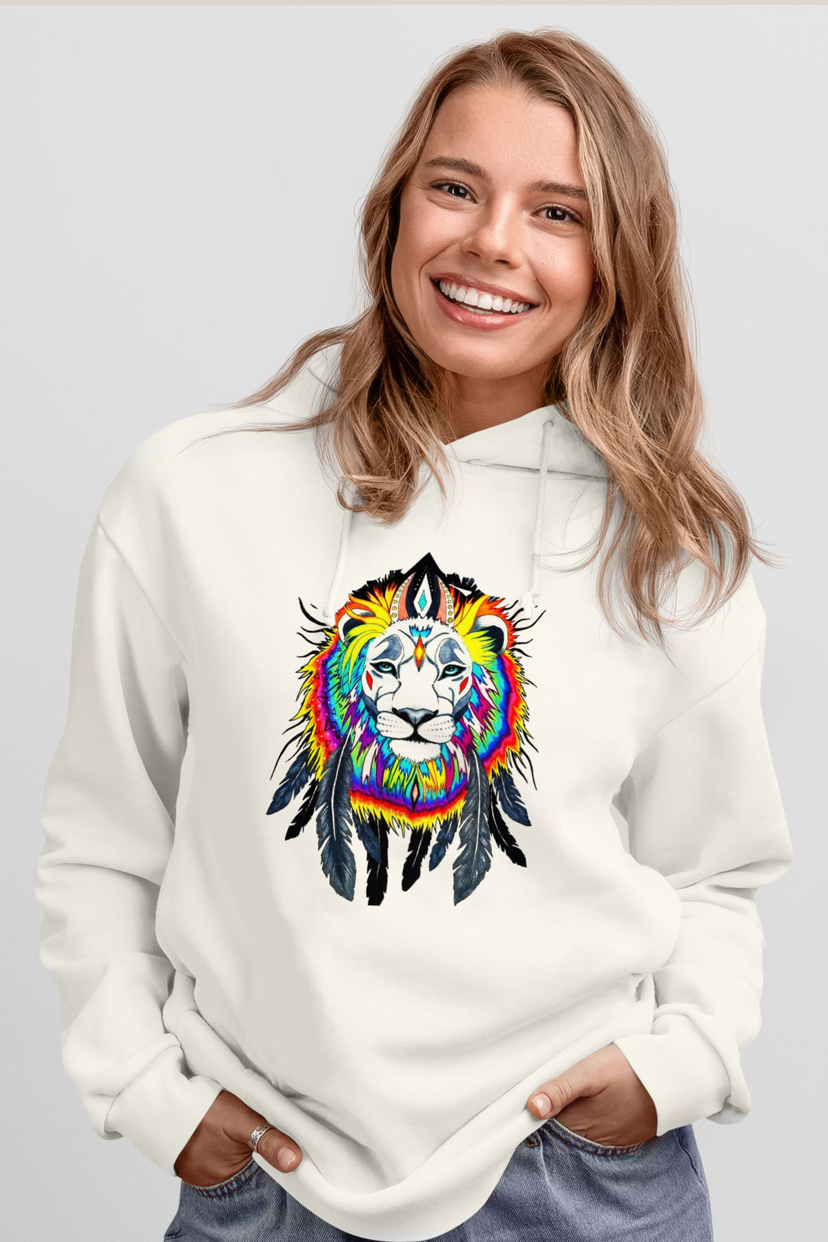 Aslan Beyaz Unisex Kapşonlu Sweatshirt