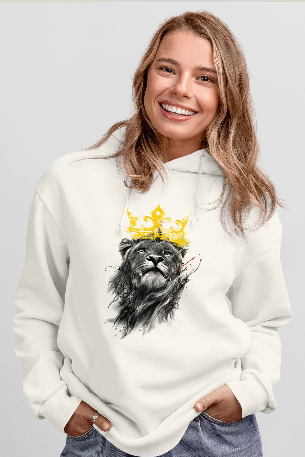 Aslan Beyaz Unisex Kapşonlu Sweatshirt