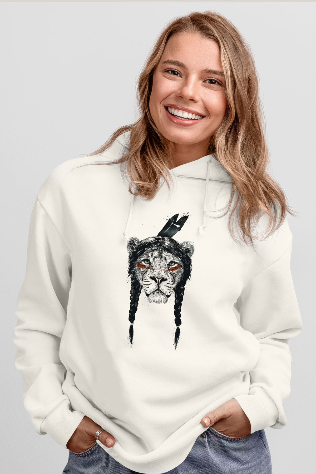 Aslan Beyaz Unisex Kapşonlu Sweatshirt