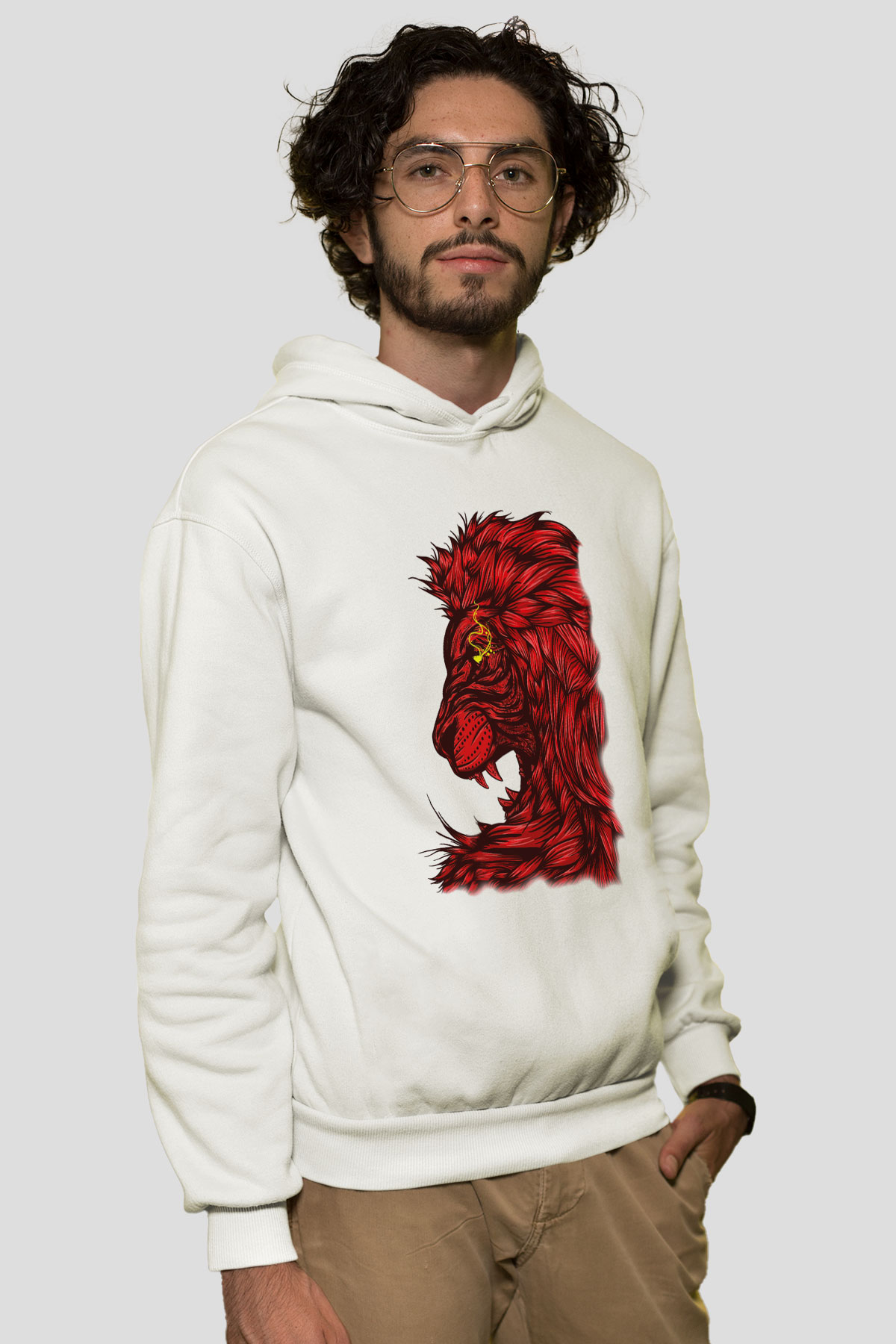 Aslan Beyaz Unisex Kapşonlu Sweatshirt