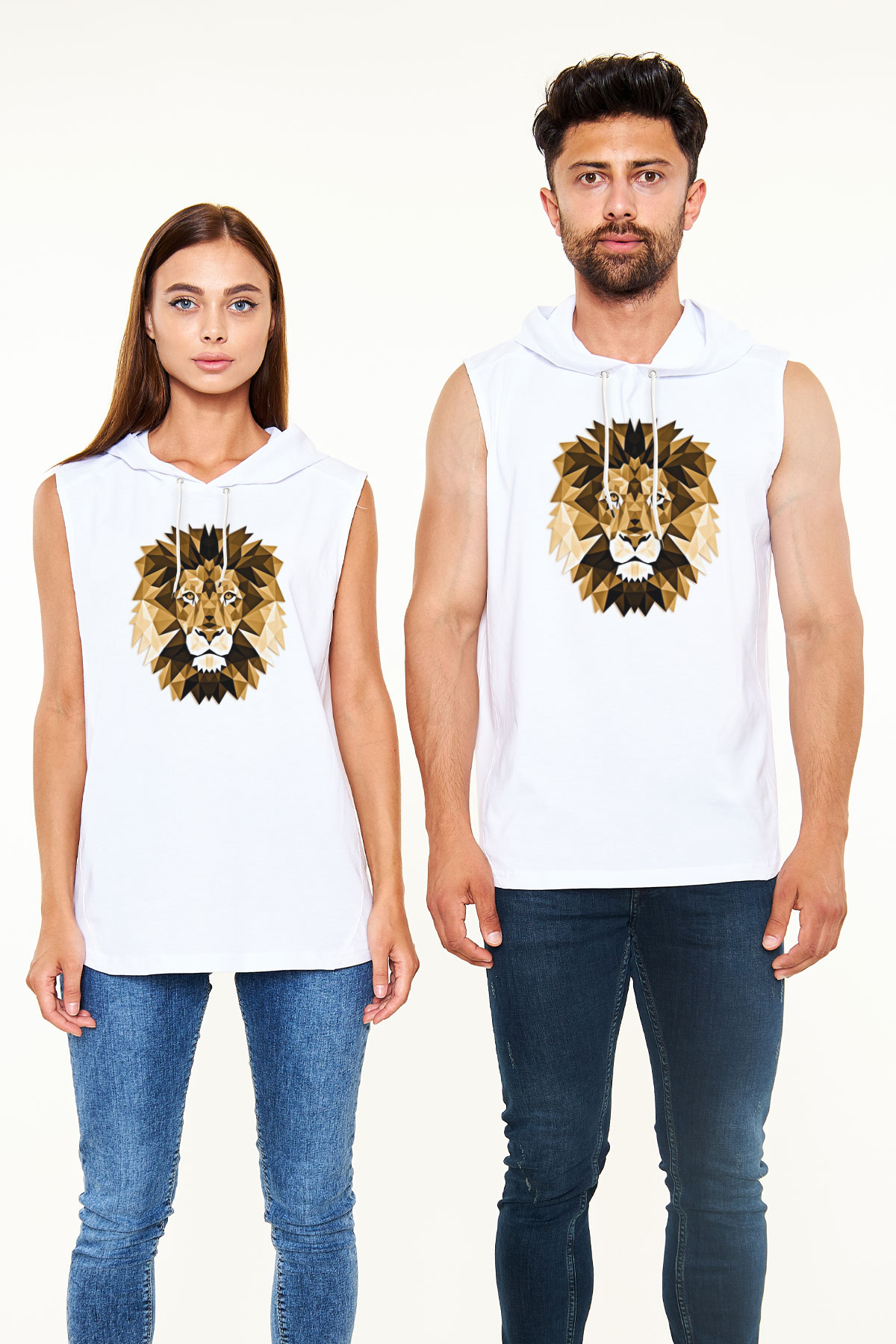 Aslan Beyaz Unisex Kapüşonlu Kolsuz Tişört