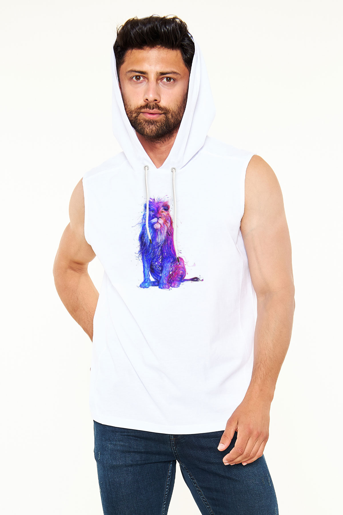 Aslan Beyaz Unisex Kapüşonlu Kolsuz Tişört