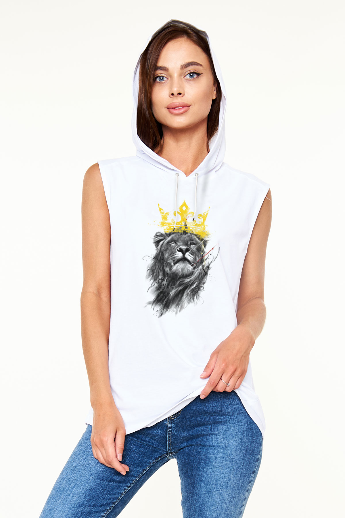Aslan Beyaz Unisex Kapüşonlu Kolsuz Tişört