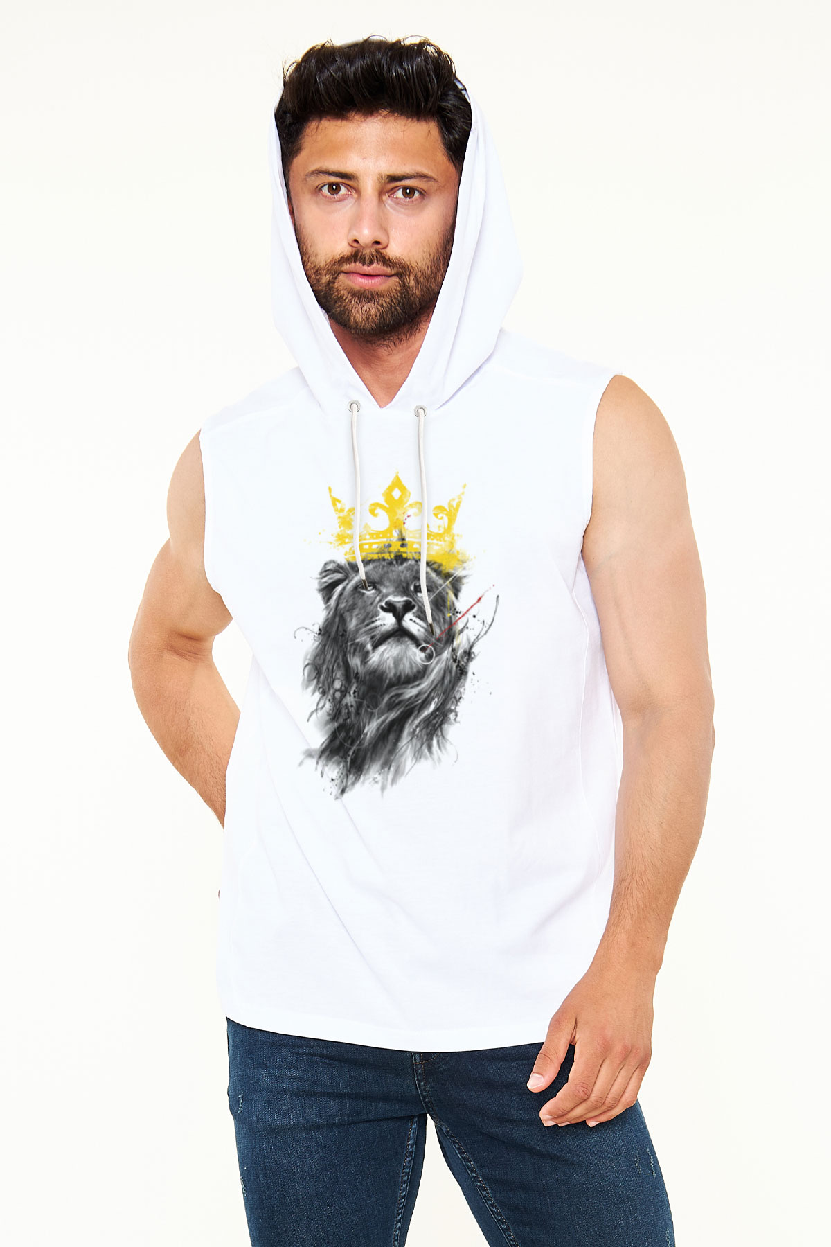 Aslan Beyaz Unisex Kapüşonlu Kolsuz Tişört