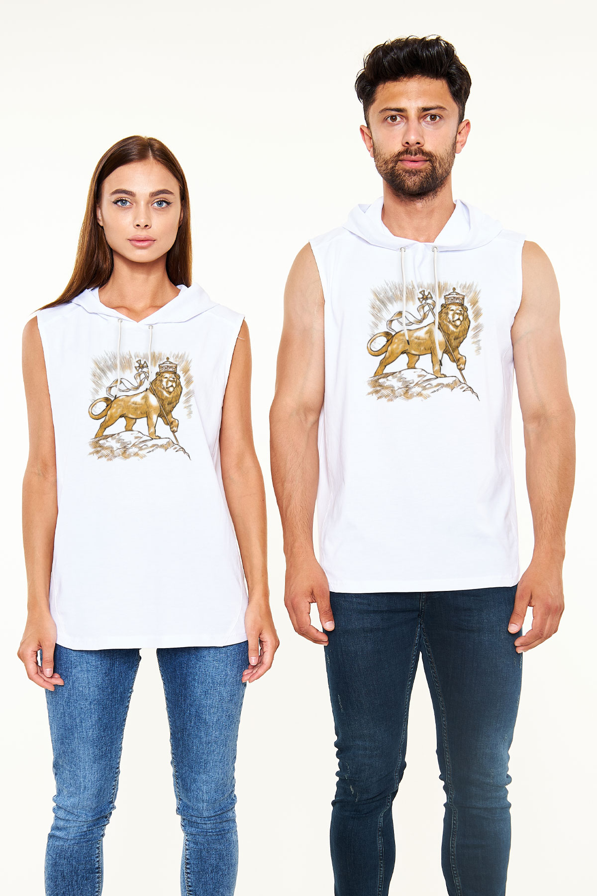 Aslan Beyaz Unisex Kapüşonlu Kolsuz Tişört