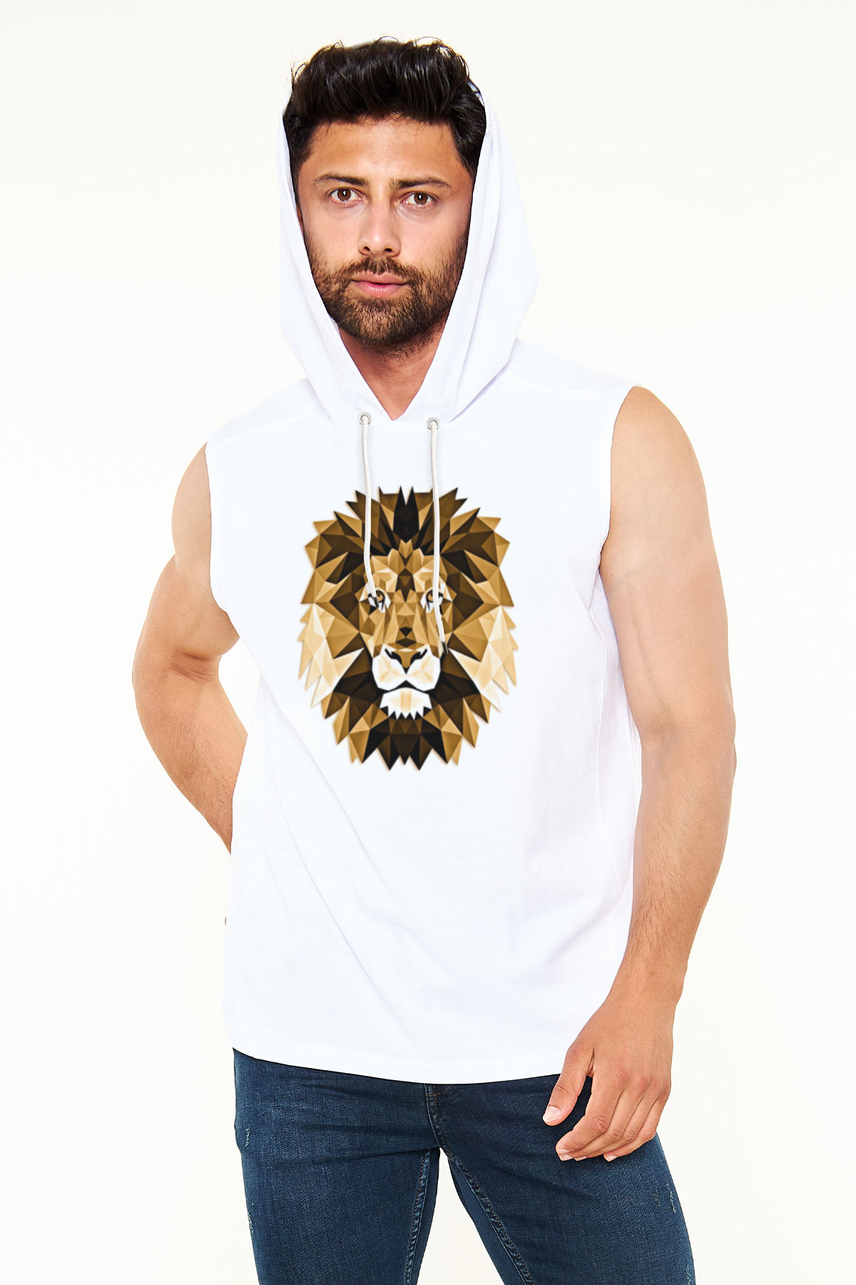 Aslan Beyaz Unisex Kapüşonlu Kolsuz Tişört