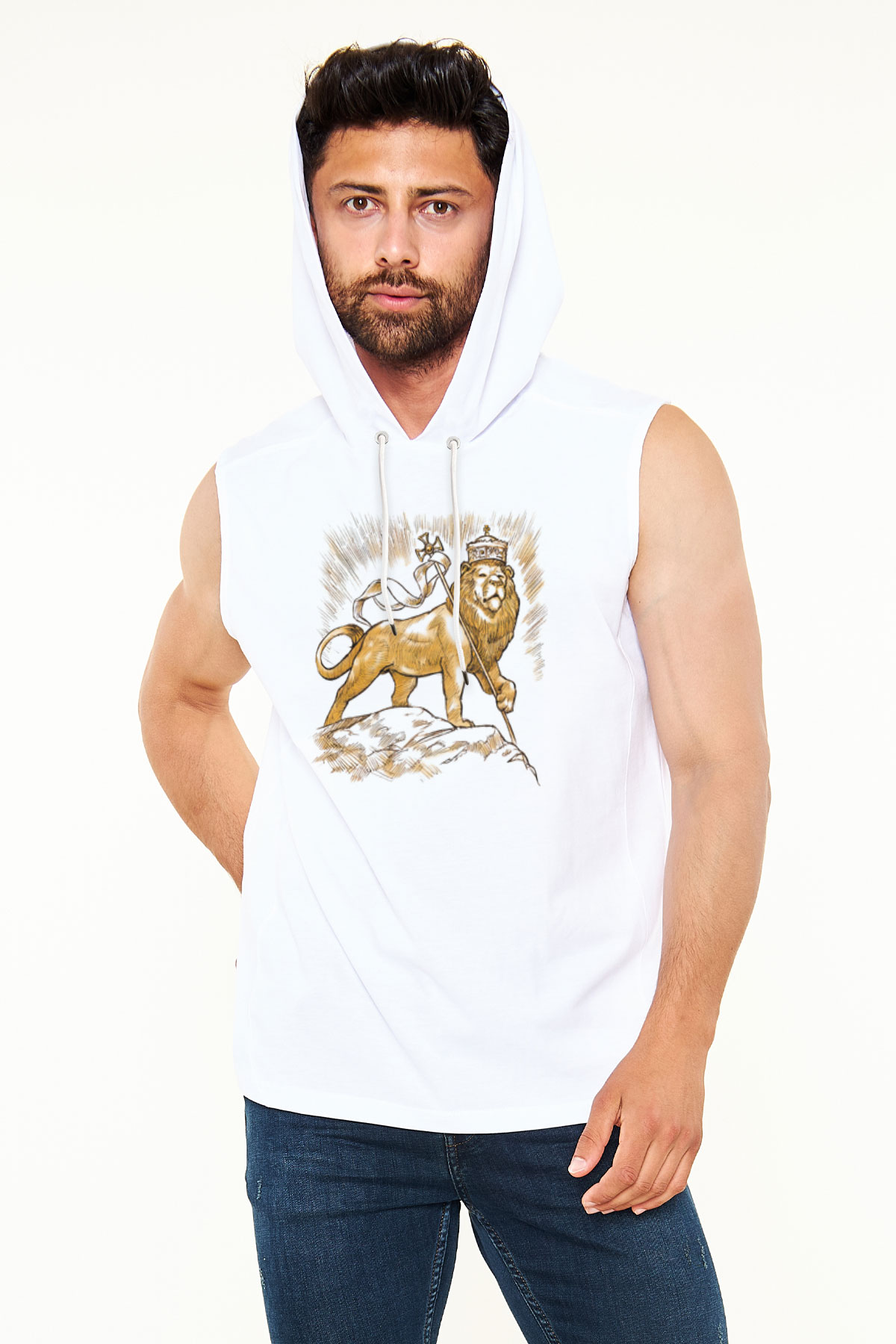Aslan Beyaz Unisex Kapüşonlu Kolsuz Tişört