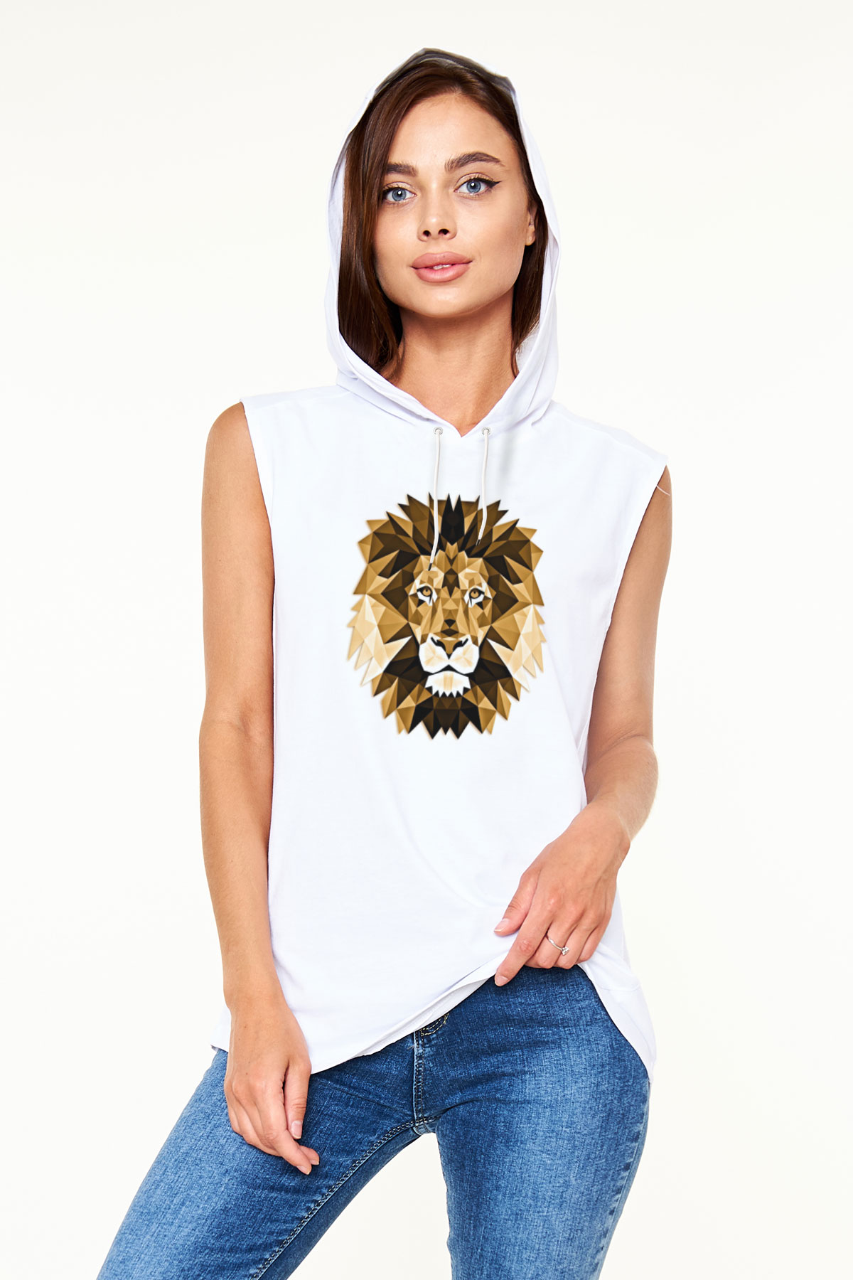 Aslan Beyaz Unisex Kapüşonlu Kolsuz Tişört