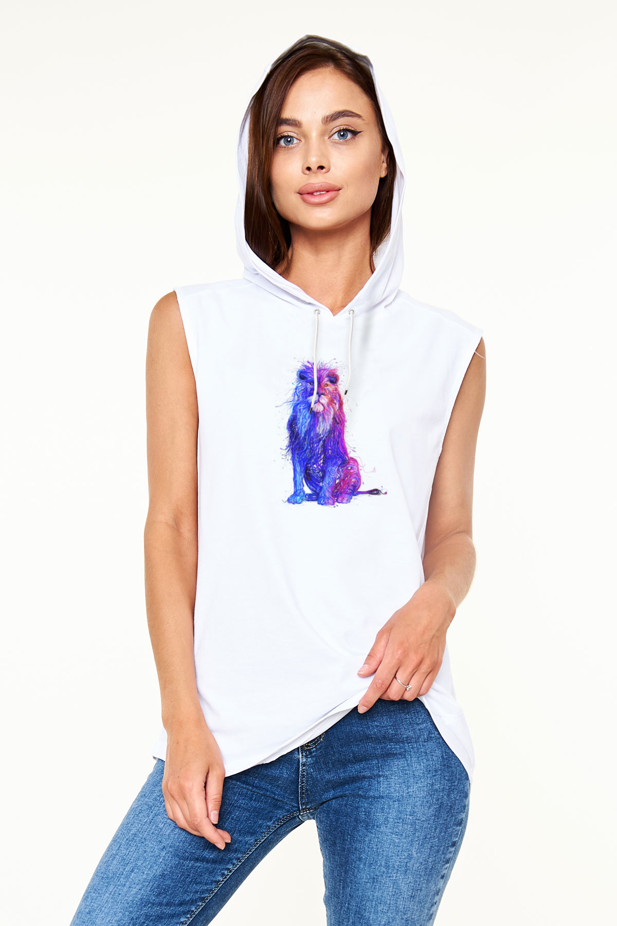 Aslan Beyaz Unisex Kapüşonlu Kolsuz Tişört