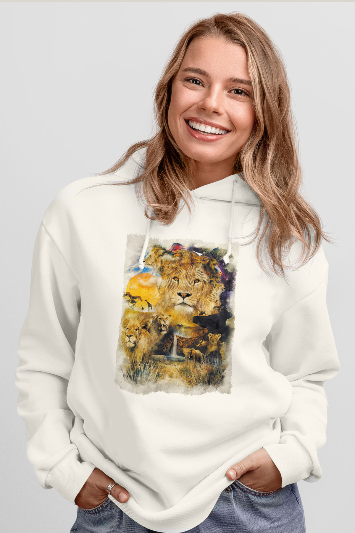 Aslan Beyaz Unisex Kapüşonlu Sweatshirt