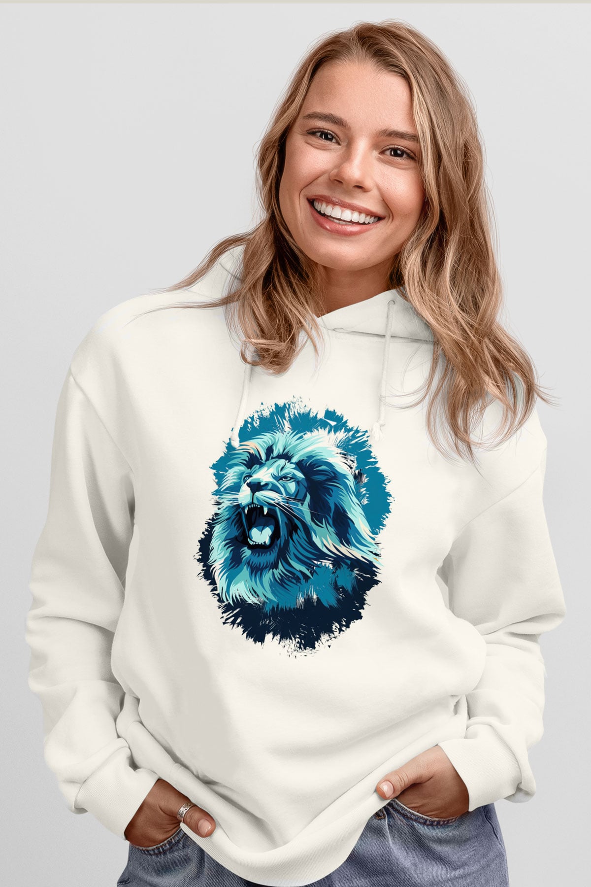 Aslan Beyaz Unisex Kapüşonlu Sweatshirt