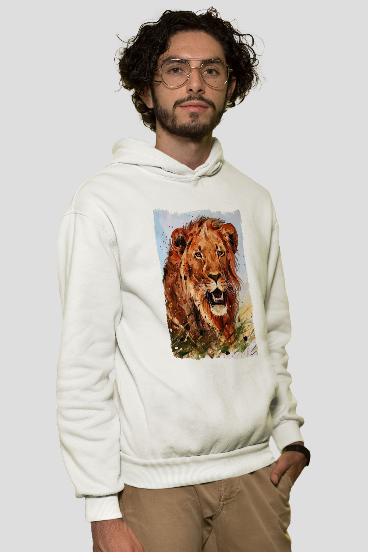 Aslan Beyaz Unisex Kapüşonlu Sweatshirt