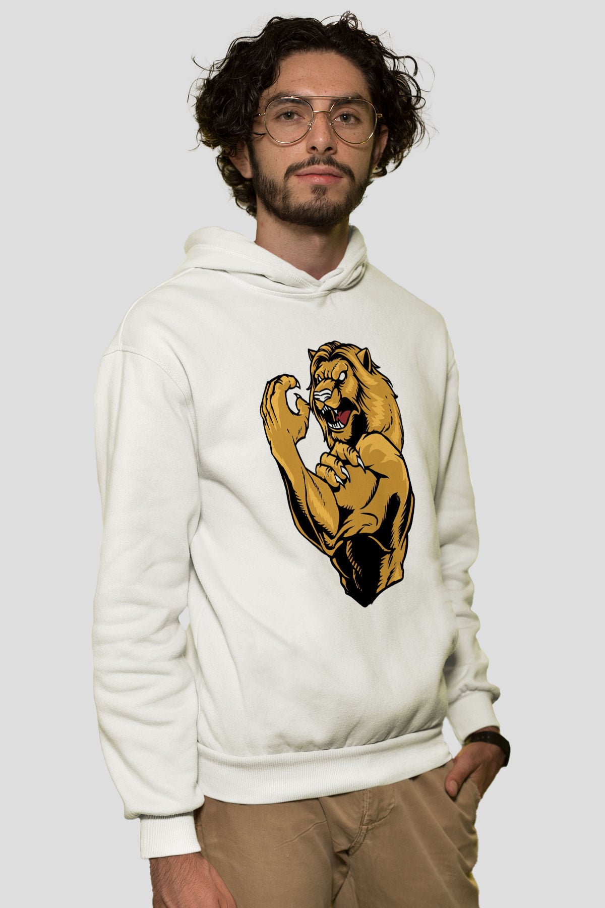 Aslan Beyaz Unisex Kapüşonlu Sweatshirt