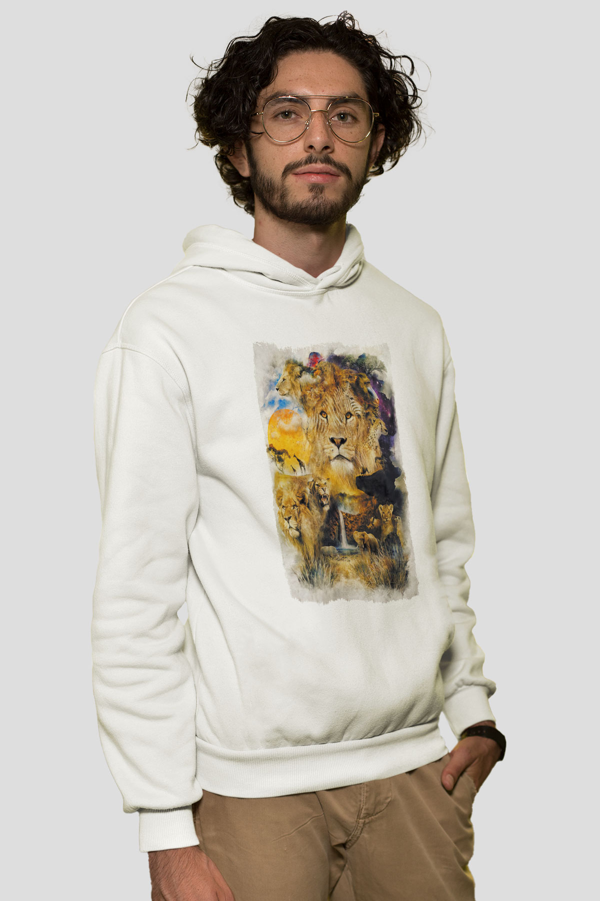 Aslan Beyaz Unisex Kapüşonlu Sweatshirt