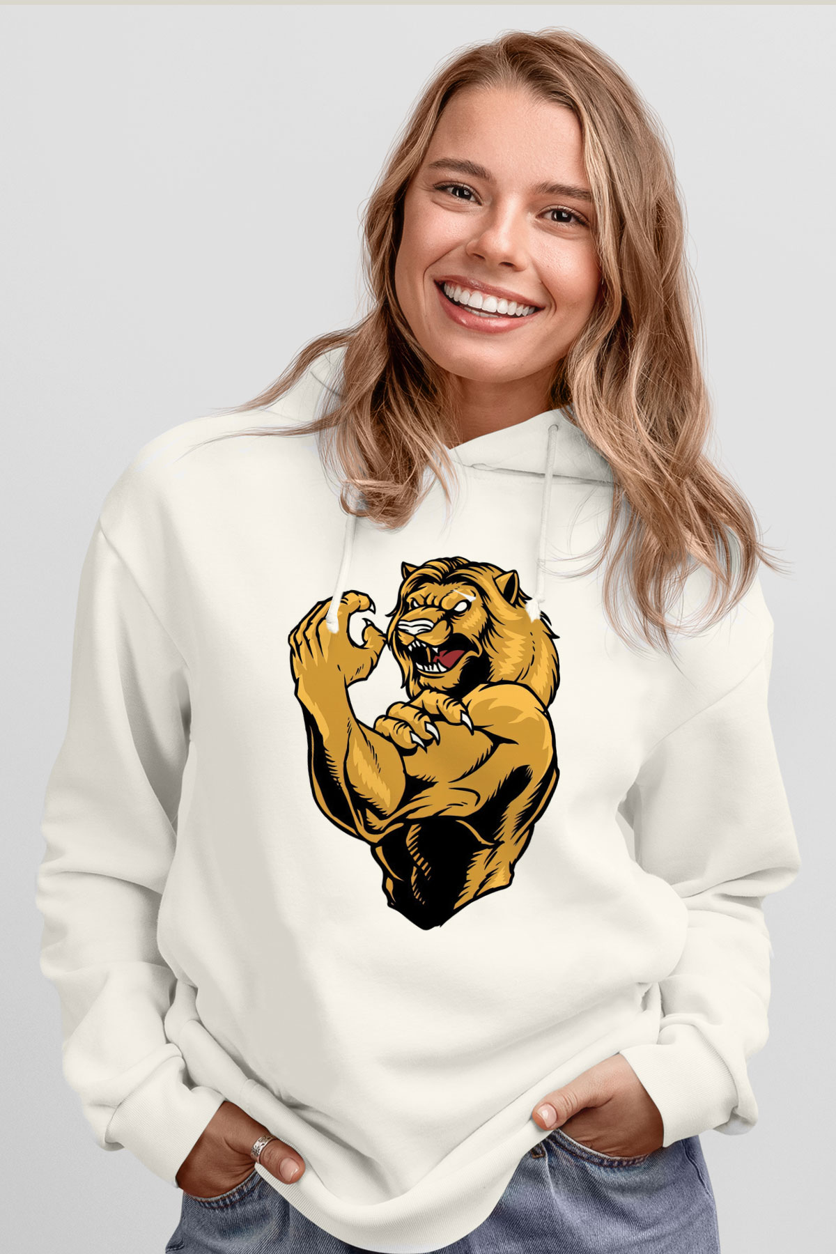 Aslan Beyaz Unisex Kapüşonlu Sweatshirt