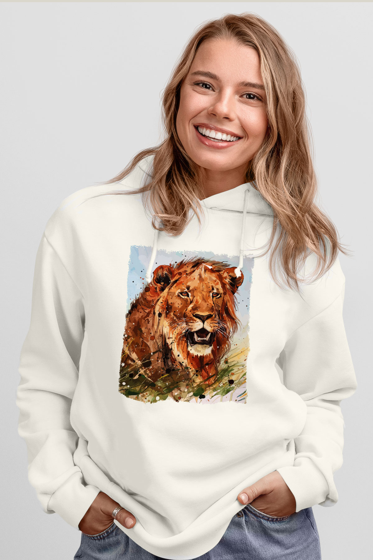 Aslan Beyaz Unisex Kapüşonlu Sweatshirt