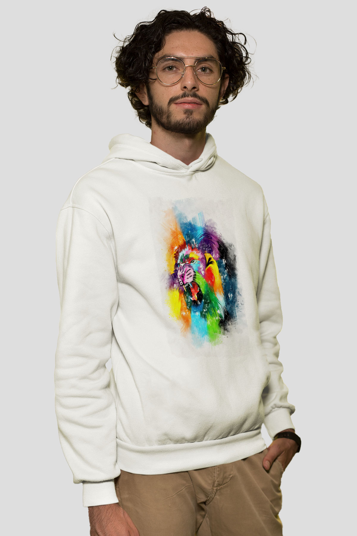 Aslan Beyaz Unisex Kapüşonlu Sweatshirt
