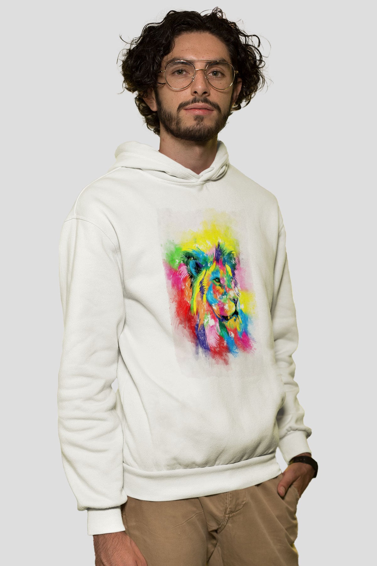 Aslan Beyaz Unisex Kapüşonlu Sweatshirt