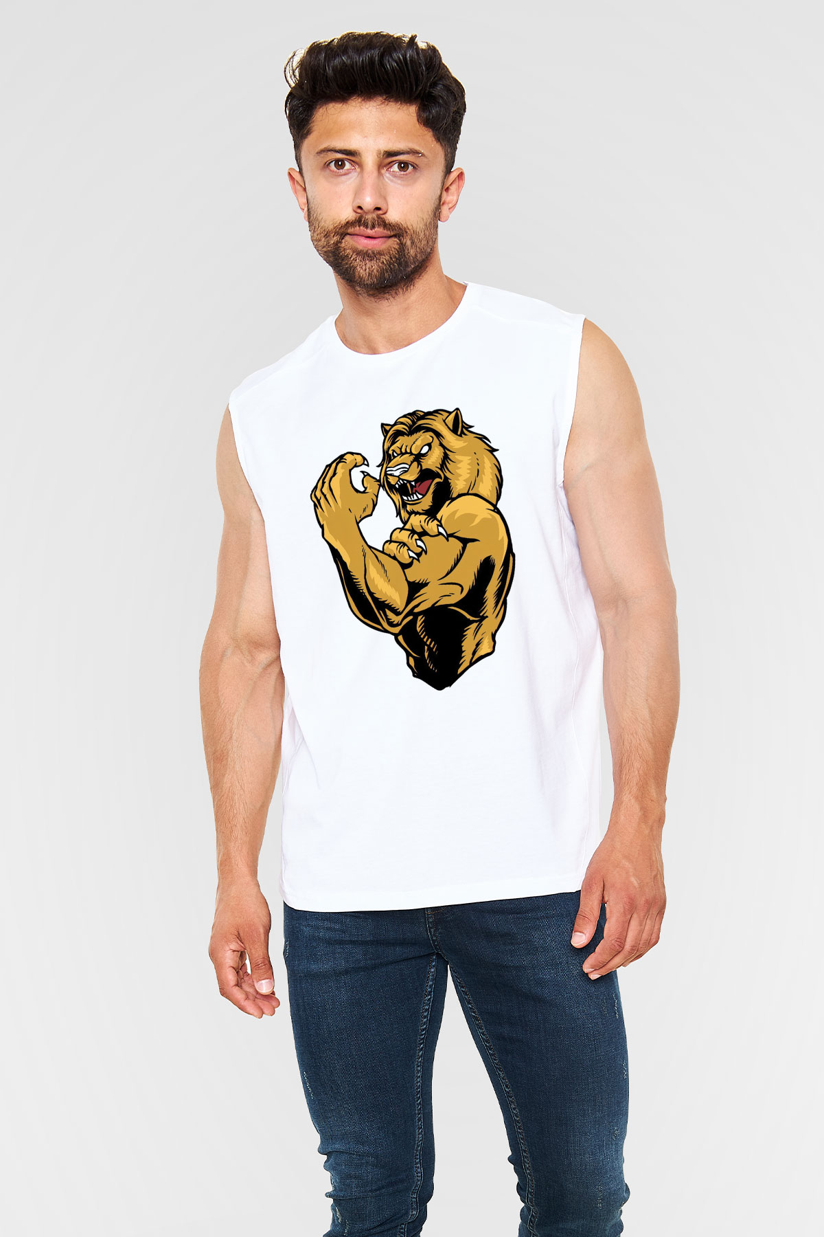 Aslan Beyaz Unisex Kolsuz Tişört